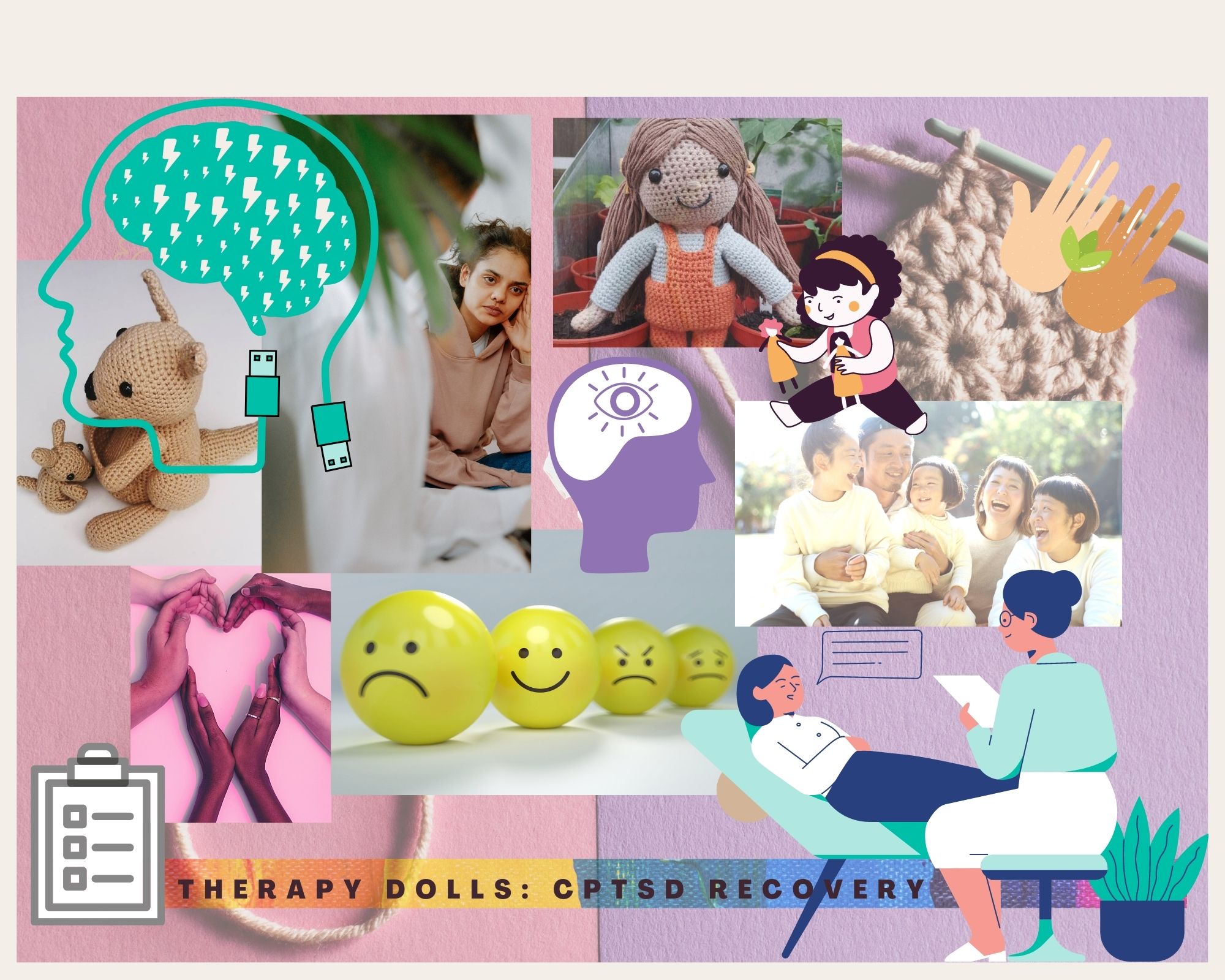mood board with pink and purple background, images of faces with various emotions and text reading therapy dolls: CPTSD recovery