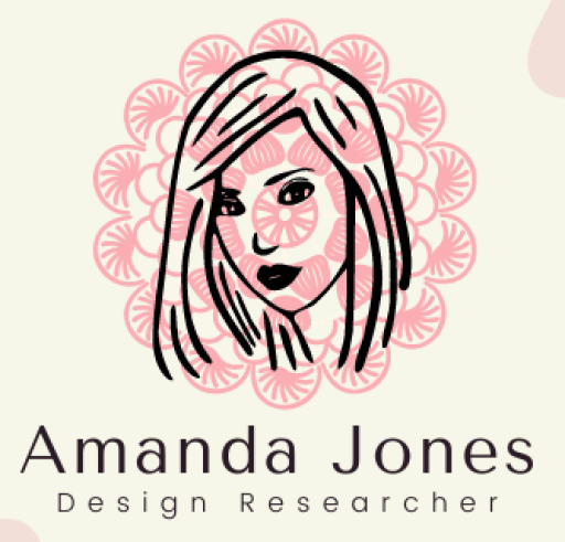 illustrated outline in black of Amanda's head on a pink mandala with cream background. Text below reads Amanda Jones Design Researcher