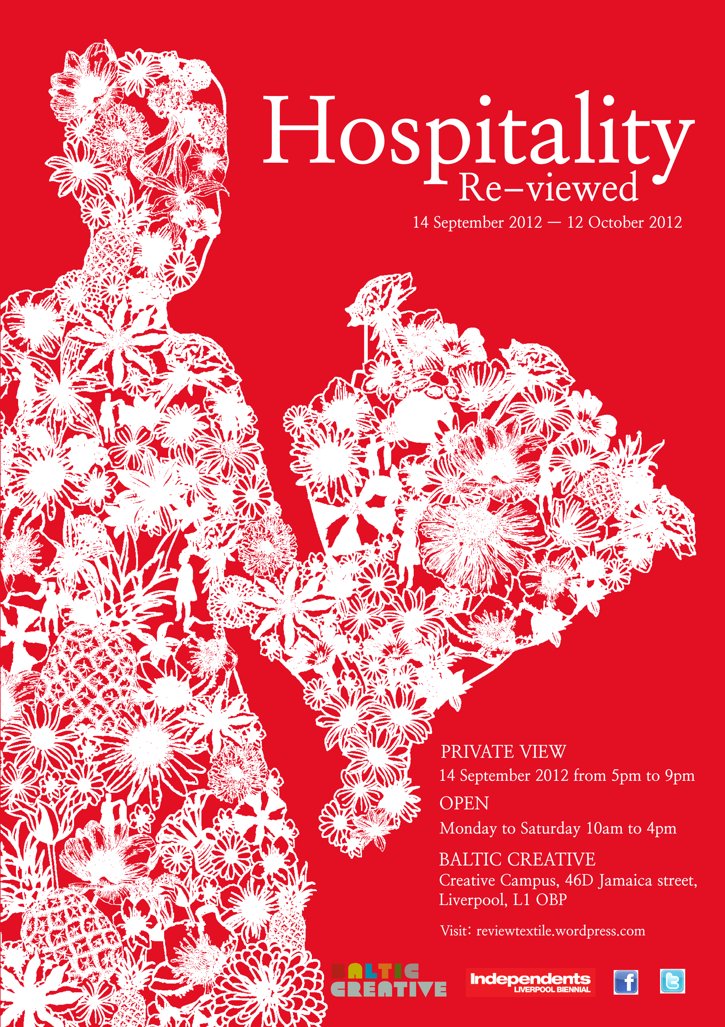 Red poster with image of a woman holding flowers in white flowers and fruit