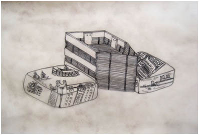 pencil drawing of a wooden boat sculpture in between 2 cushions with maritime images on them 