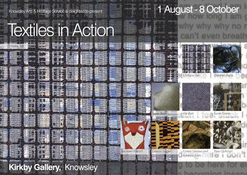 leaflet, blue background with black grid over it and the text textiles in action 1 August - 8 0ctober Kirkby Gallery, Knowsley 