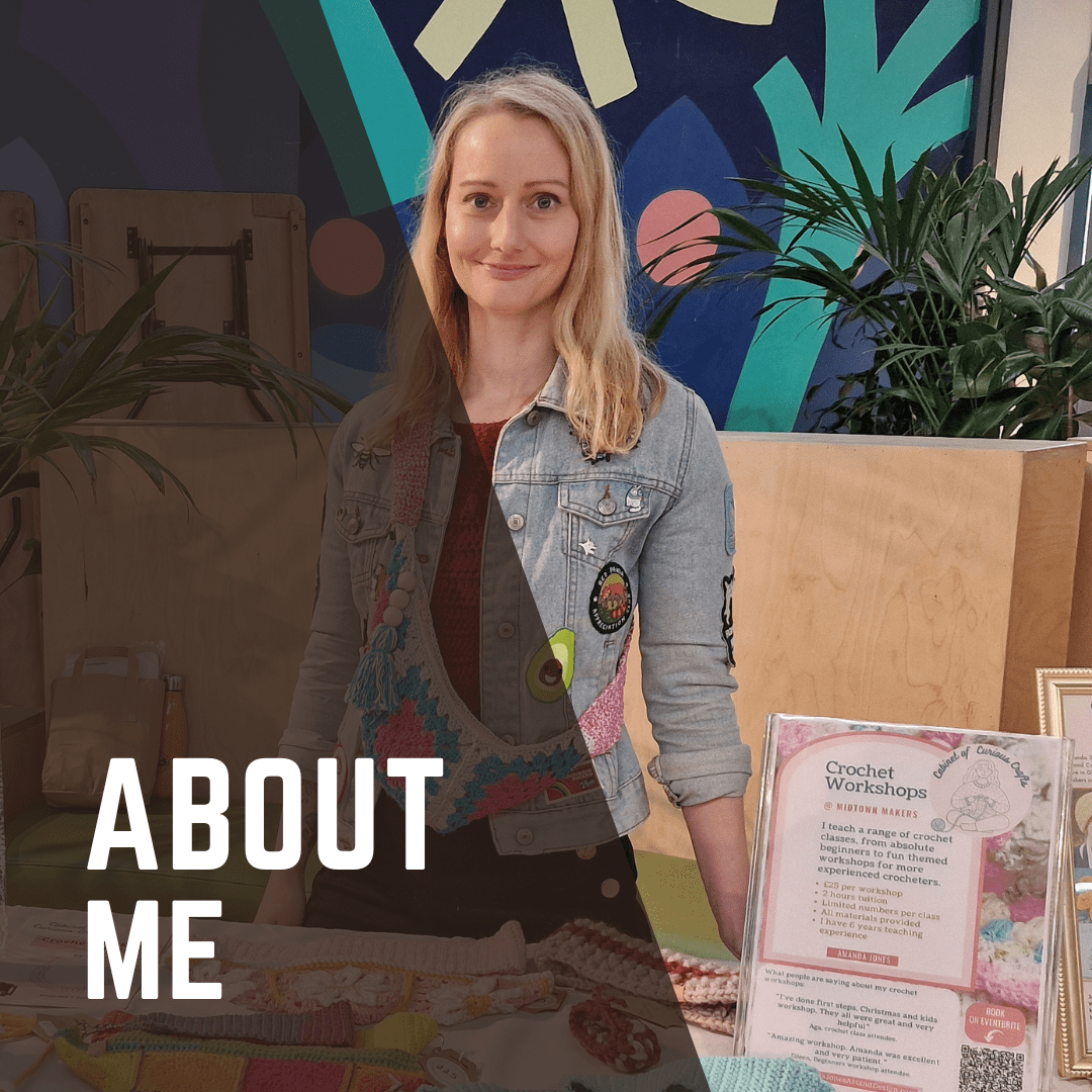 Amanda at a craft fair. Text read about me.