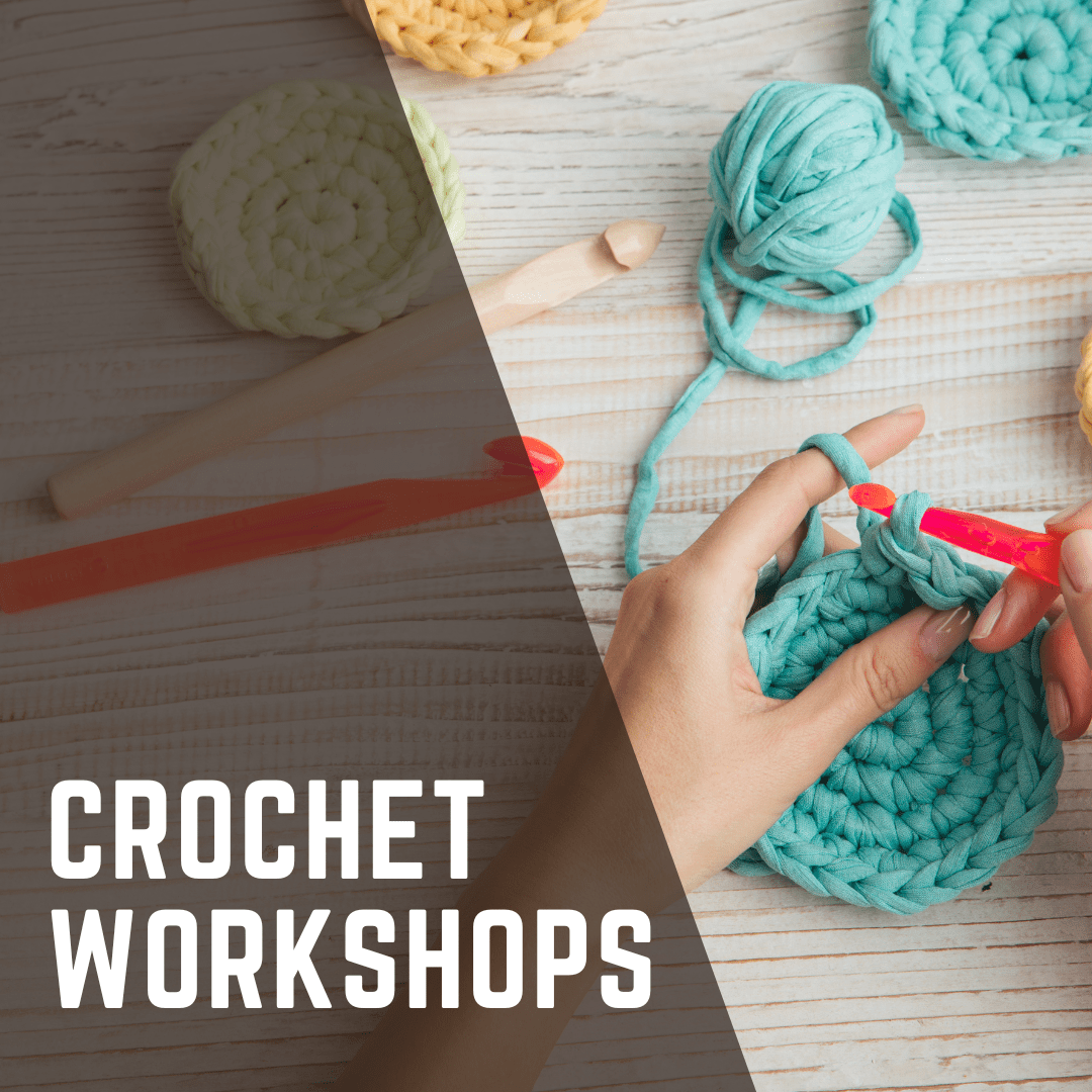 hands crocheting in the round with red hook and mint coloured yarn. Text reads crochet workshops