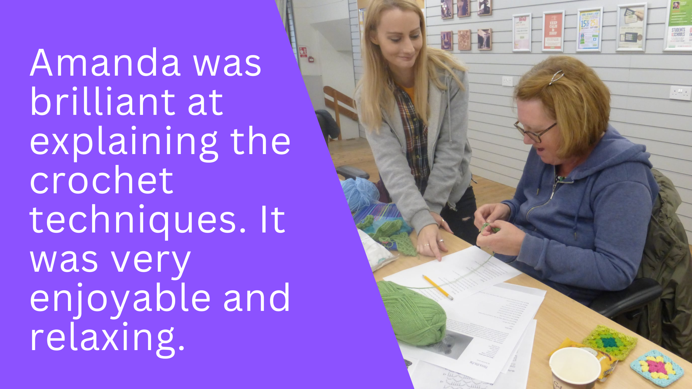 Testimonial from beginners crochet course. Amanda teaching crochet to woman.