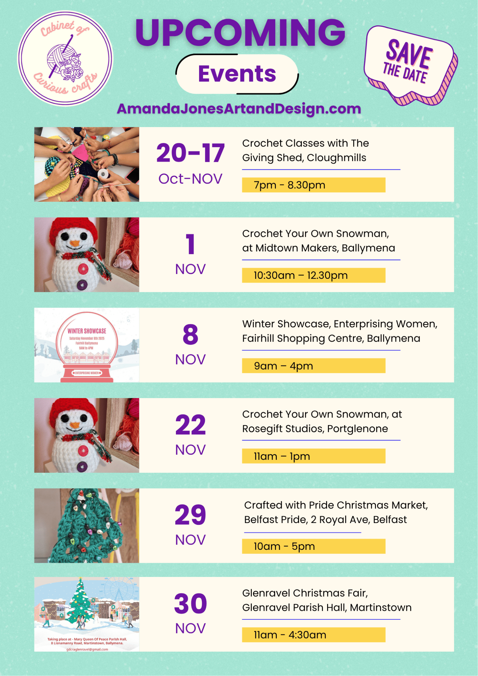 Upcoming events poster for November 2025